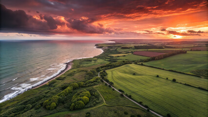 Fototapeta premium Breathtaking sunset over coastal landscape with vibrant colors and lush fields