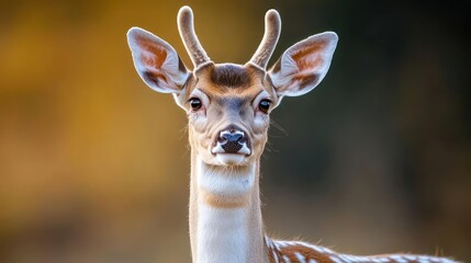 A close-up of a deer with large ears and small antlers.