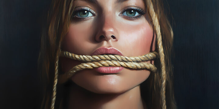 Silent Plea: The evocative portrait of a woman with a rope across her mouth is a powerful statement.