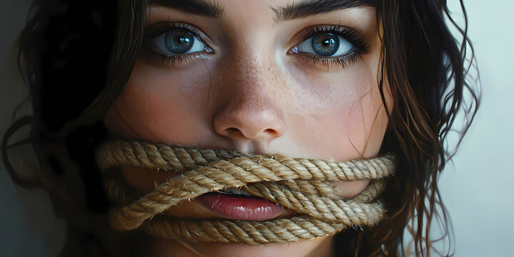 Silent Plea: A close-up shot of a woman with captivating blue eyes, her mouth bound by coarse rope. The image evokes a sense of unspoken suffering and helplessness.