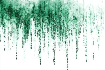 Green digital rain falling on white background; tech concept