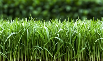 Fototapeta premium Lush green grass growing vibrantly in a serene outdoor setting with blurred foliage in the background