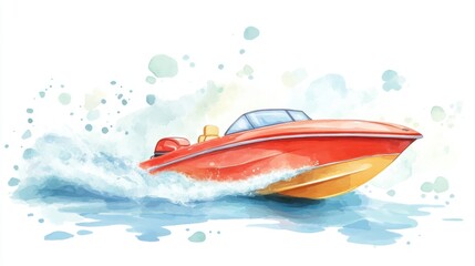 A vibrant and dynamic watercolor illustration of a red speedboat gliding across the water, capturing the essence of adventure and freedom at sea.
