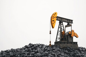 Rusty oil pump jack on coal pile, white background, energy industry