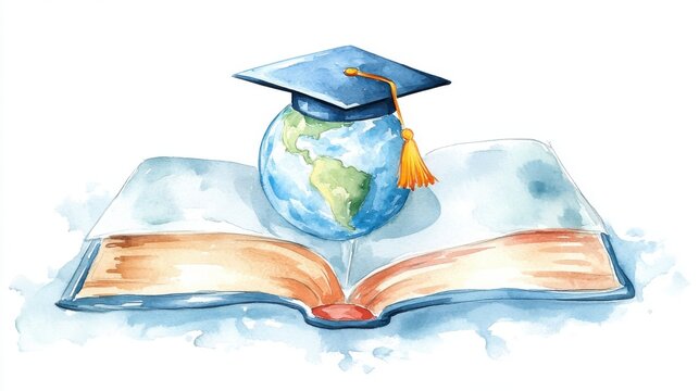 A vibrant illustration featuring a graduation cap atop a globe, resting on an open book, symbolizing knowledge, education, and global awareness.