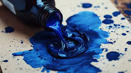 A bottle of blue ink spilling onto a blank sheet of paper