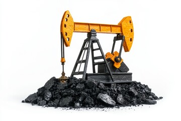 Oil pump jack model on coal, white background, energy