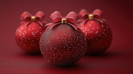 Three beautifully crafted red Christmas ornaments with delicate bows and shimmering details on a rich background