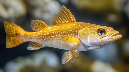 A close-up of a yellow fish with white spots