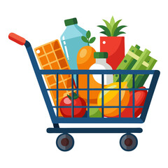 A shopping cart brimming with fresh fruits, vegetables, and various grocery items awaits at a supermarket. The vibrant colors and assortment highlight a typical shopping experience