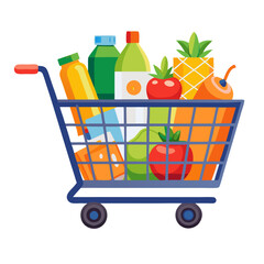 A shopping cart filled with a variety of groceries including fruits, vegetables, and beverages is seen in a supermarket aisle. The vibrant items suggest a healthy selection