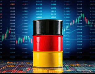 Germany's oil market trends represented by colored barrels in front of financial data