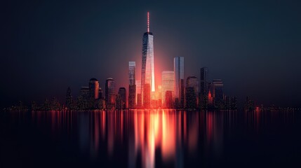 Obraz premium A silhouette of an illuminated skyscraper reflecting on water, symbolizing modern business success. Copy space included.