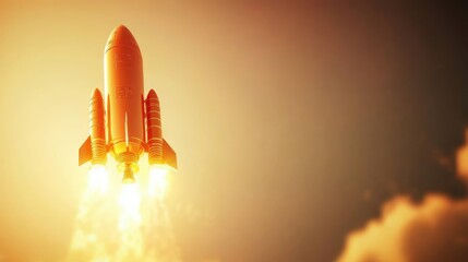 A shining golden rocket launching into the sky, representing success, ambition, and business growth. Clean background with copy space.