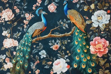 Hand-painted retro wallpaper showcasing colorful birds and majestic peacocks amid flourishing...