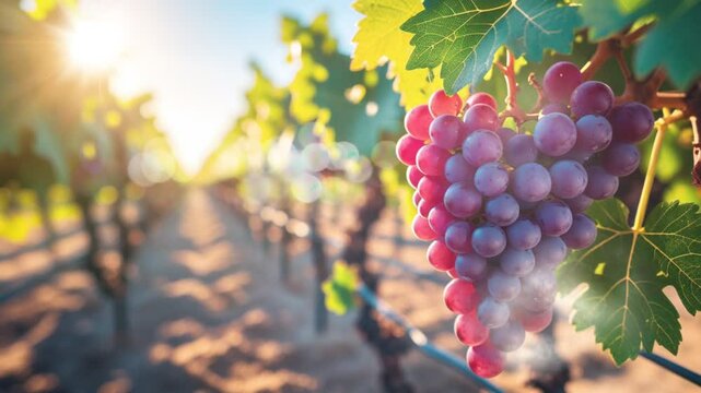 Seamless Looping 4K Video Animation Background of a Sunlit Vineyard with Ripe Purple Grapes Hanging on the Vine in Golden Hour
