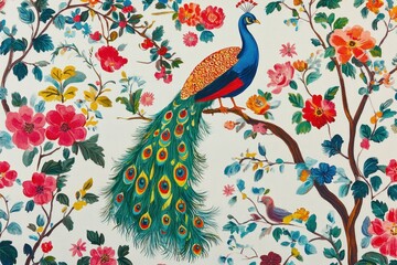 Hand-painted retro wallpaper showcasing colorful birds and majestic peacocks amid flourishing flowers and nature-inspired details.