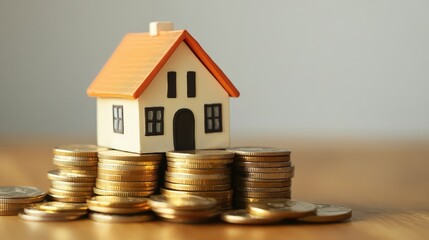 A small house model on top of a pile of neatly stacked coins, symbolizing financial planning for homeownership. Copy space available.