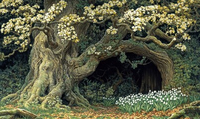 Fototapeta premium Majestic ancient tree with blooming flowers and daffodils in a serene forest setting