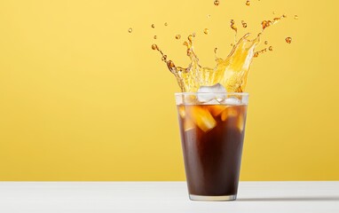 Refreshing Splash of Iced Drink Against Yellow Backdrop