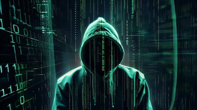 video of Dynamic 4K animation depicting green binary code cascading vibrant canvas forming silhouette hooded hacker inspired cyber visual aesthetics