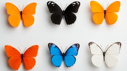 Vibrant Collection of Six Colorful Butterflies in Various Shades Displayed on White Background