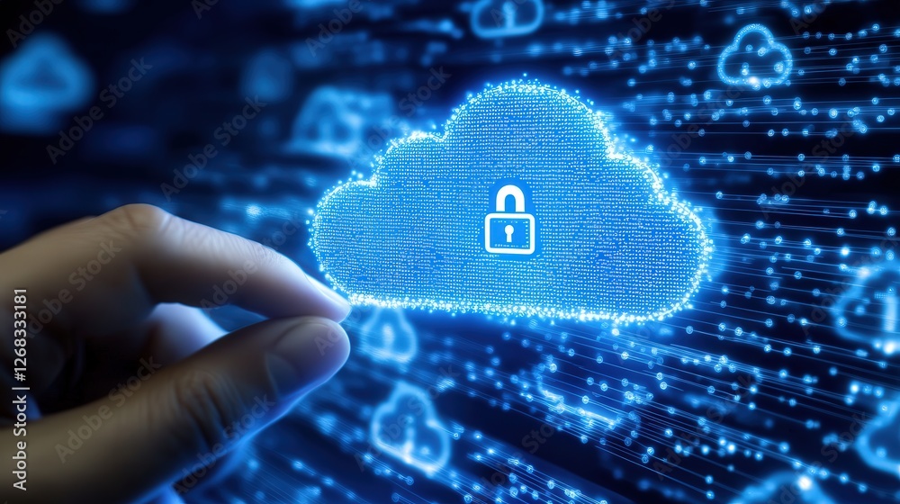 Poster secure cloud computing concept with a lock icon being tapped by a hand on a digital security dashboa