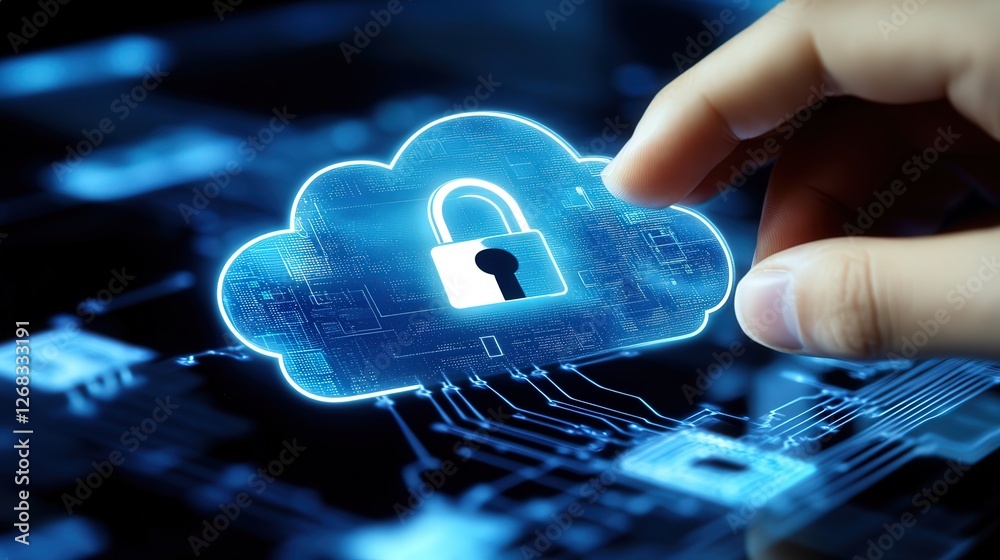 Poster secure cloud computing concept with a lock icon being tapped by a hand on a digital security dashboa
