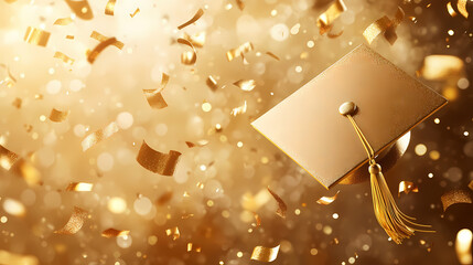 Graduation Celebration: A golden graduation cap and confetti floating in a sea of gold. The image captures the joy of achieving academic success.