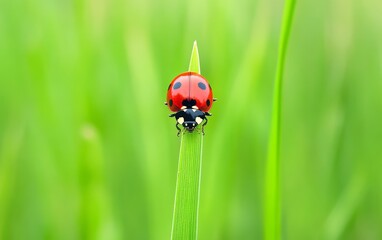 Fototapeta premium Close-Up of Ladybug on Green Grass Leaf