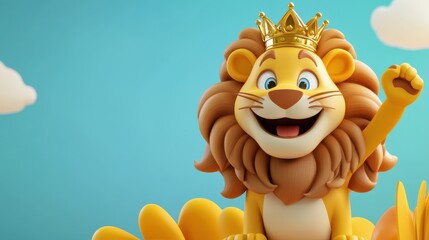 Cheerful Cartoon Lion Wearing Crown Against Bright Sky Background
