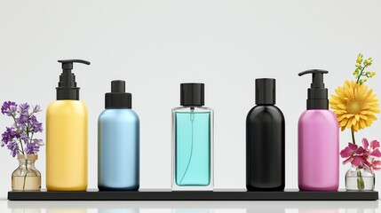 Colorful cosmetic bottles lined up with flowers in a minimalistic setting.