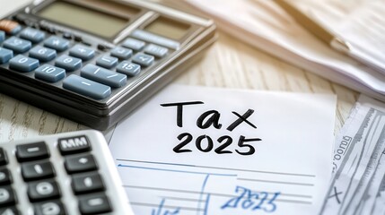 Tax 2025" written on a note, with a calculator and tax forms next to it, symbolizing the tax filing process for business owners.