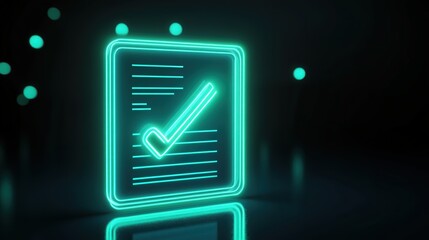 glowing neon document icon, with a green checkmark, radiating success and clarity after a completed audit process