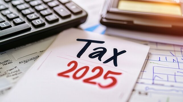 Tax 2025" written on a note, with a calculator and tax forms next to it, symbolizing the tax filing process for business owners. - Powered by Adobe