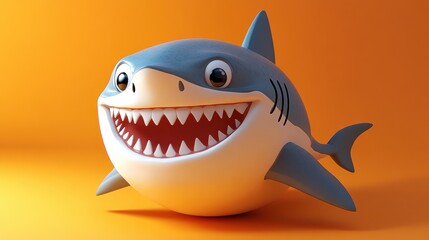 Happy Cartoon Shark with Big Smile in Bright Orange Background