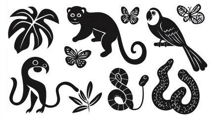 Fototapeta premium Tropical rainforest animals silhouettes; design elements