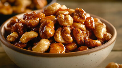 A bowl of honey-glazed mixed nuts with golden syrup glistens