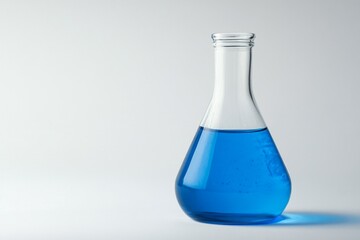 Blue liquid in Erlenmeyer flask, lab, science experiment, white background
