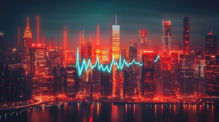 Fototapeta premium city where a heartbeat hologram wavers uncontrollably, symbolizing the fear and instability gripping financial markets.