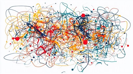 Abstract colorful chaotic lines and dots on white background.