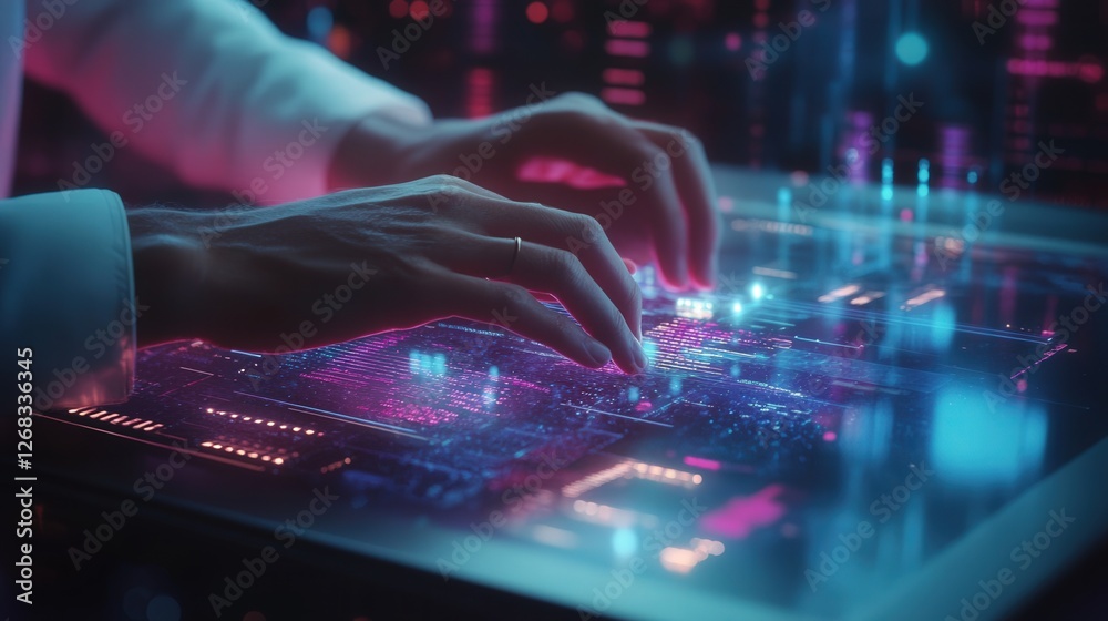 Poster digital innovation concept showing hands typing while ai-driven document processing unfolds on a fut