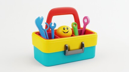 Obraz premium Colorful Toy Toolbox with Smiling Face and Various Tools Inside