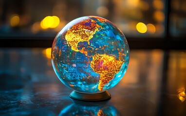 Glowing vibrant glass globe highlighting the Americas