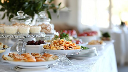 Elegant buffet table with pastries, snacks, and drinks.  Ideal for event planning