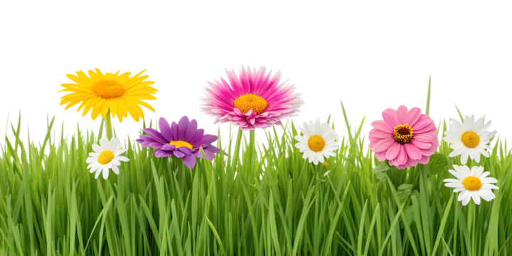 Colorful Wildflowers in Green Grass on White for Fresh Spring Garden Ideas, PNG Transparent
