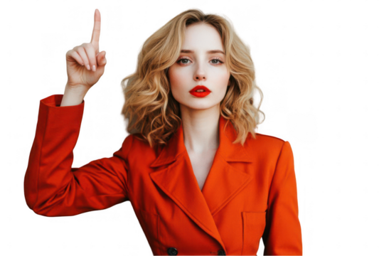 Woman in a red blazer raising her finger, symbolizing a point of discussion or idea