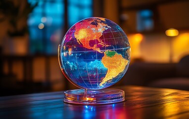 Radiant glowing glass globe displaying the Americas