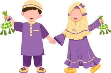 Muslim kids celebrating eid mubarak with ketupat