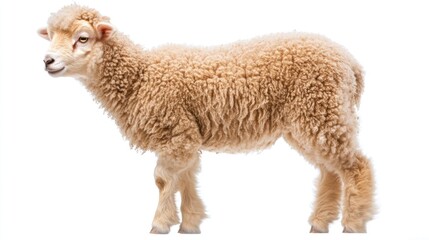 Fototapeta premium Fluffy lamb standing, white background, farm animal, agriculture